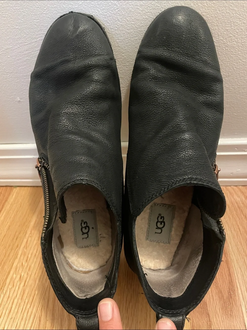 UGG Black Leather Ankle Boots with Side Zip and Stacked Heel